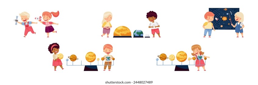 Boy and Girl Character Study Space and Galaxy Examine Solar System Vector Set