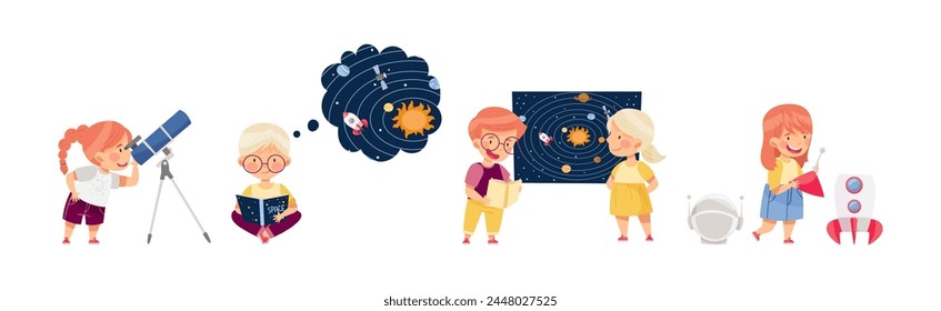 Boy and Girl Character Study Space and Galaxy Examine Solar System Vector Set