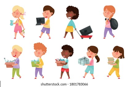 Boy and Girl Characters Carrying Sorted Garbage for Recycling Vector Illustration Set