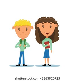 Boy and Girl Characters Happy and Ready for School. Back to learning concept vector art