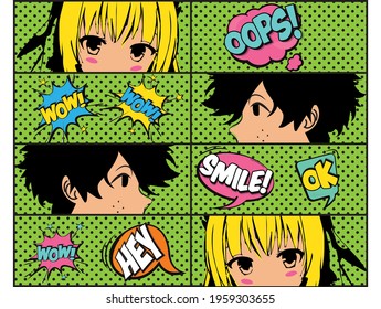 boy and girl characters japon anime style. anime eyes cartoon concept vector illustration.