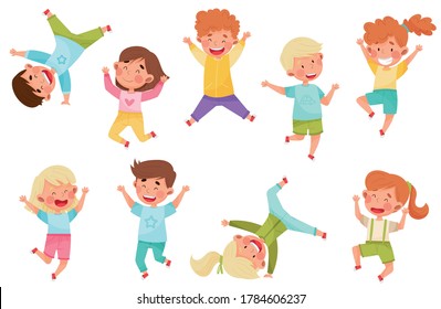 Boy and Girl Characters Jumping High with Joy and Excitement Vector Illustrations Set