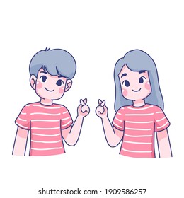Junge und Mädchen Charaktere senden Mini-Herz Handgesten. Cartoon, Vektordesign, Illustration.