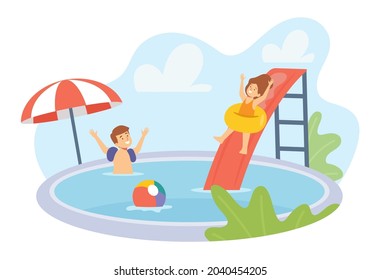 Personajes masculinos y femeninos en ropa de baño jugando en la piscina. Niños divirtiéndose en vacaciones de verano. Niños deslizándose sobre anillos inflables en el agua, felicidad infantil. Ilustración de vectores de personas de caricatura