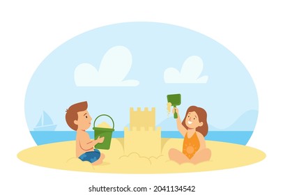 Boy and Girl Characters in Swimwear Playing on Sea Beach Building Sand Castle. Kids Having Fun on Summer Vacation. Children Enjoying Outdoor Relax at Ocean Shore. Cartoon People Vector Illustration