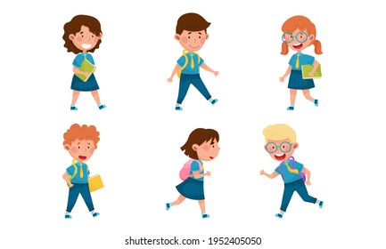 Boy and Girl Characters Wearing School Uniform and Backpack Walking and Running to School Vector Illustration Set