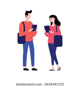 Boy and girl chatting on mobile, Man woman couple chatting on mobile phone. Messaging using chat app or social network. Two persons cellphone conversation sending messages illustration