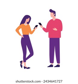 Boy and girl chatting on mobile, Man woman couple chatting on mobile phone. Messaging using chat app or social network. Two persons cellphone conversation sending messages illustration