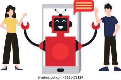 Boy and girl chatting with robot on mobile.