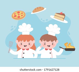 boy and girl chef cartoon characters with pizza cake bread vector illustration