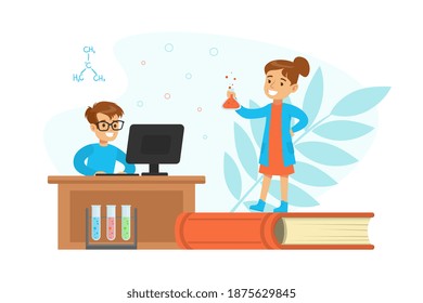 Boy and Girl Chemist Scientists Characters Experimenting with Mixing Chemicals, Children Doing Scientific Experiment Cartoon Vector Illustration