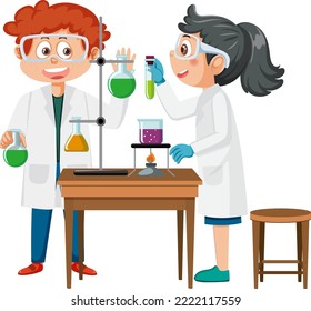 Niño y niña en la ilustración de clase química