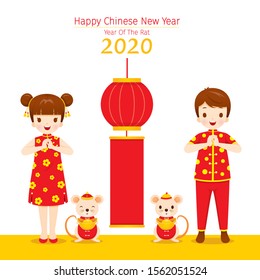 Boy And Girl In Cheongsam With Rats Holding Golds Greeting For Chinese New Year 2020, Year Of The Rat, Traditional, Celebration, China, Culture