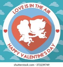 Boy and girl cherubs like Cupids in love floating in the air on rounded icon in flat design.