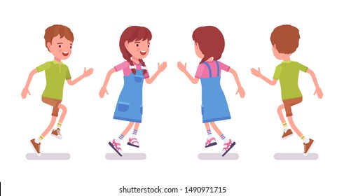 Boy and girl child 7 to 9 years old, active school age male and female kid running, wearing bright summer outfit. Vector flat style cartoon illustration isolated on white background, front, rear view