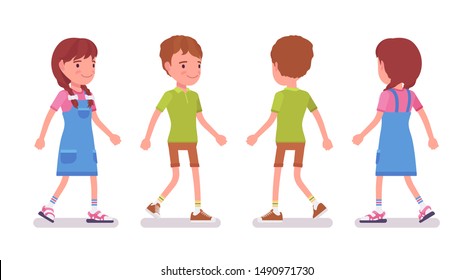 Boy And Girl Child 7 To 9 Years Old, Active School Age Male And Female Kid Walking, Wearing Bright Summer Outfit. Vector Flat Style Cartoon Illustration Isolated On White Background, Front, Rear View