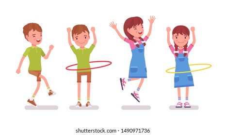 Boy, girl child 7 to 9 year old, school age kid entertainment. Happy pleasure and delight with hulahoop, sport fun, physical activity. Vector flat style cartoon illustration isolated, white background