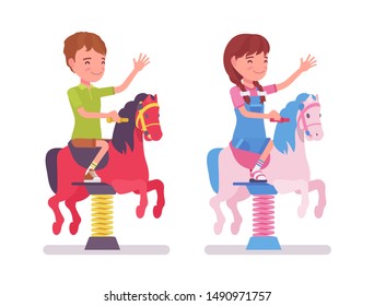 Boy and girl child 7, 9 yo school age kid at horse spring rider, enjoy bouncy pony fun, entertainment playing on playground. Vector flat style cartoon illustration isolated on white background