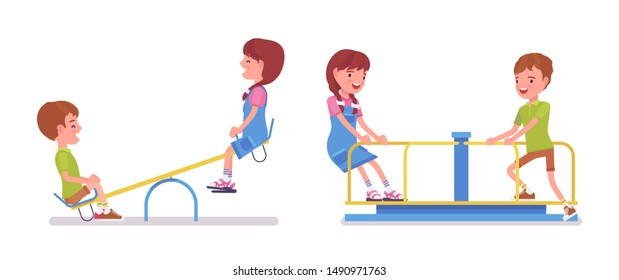 Boy, girl child 7 to 9 years old on seesaw, carousel. Kids enjoy free time, fun in park, garden recreation, home playground activity. Vector flat style cartoon illustration isolated, white background