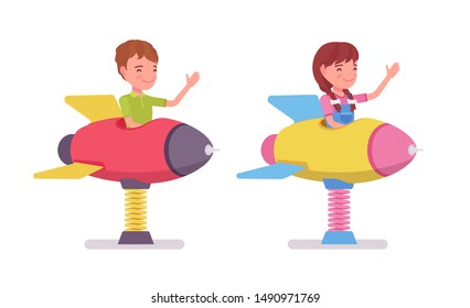 Boy, girl child 7, 9 yo school age kid, rocket spring rider. Active amusement bouncy spaceship fun, entertainment on playground. Vector flat style cartoon illustration isolated, white background