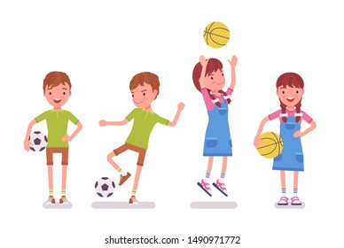 Boy, Girl Child 7 To 9 Years Old, School Age Kid Sport Activity. Happy Young Athletes Playing Football And Basketball Game. Vector Flat Style Cartoon Illustration Isolated On White Background