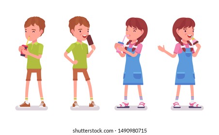 Boy, girl child 7 to 9 years old, active school age kid wearing summer outfit standing, drinking soda water, enjoy eating icecream. Vector flat style cartoon illustration isolated on white background