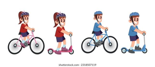 Boy, girl child 7 to 9 years old, school age kid riding a kick scooter, bike. Active fun and outdoor recreation with sport vehicle. Vector flat style cartoon illustration isolated on white background.