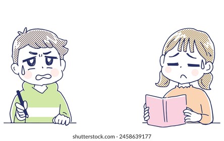 Boy and girl child studying.