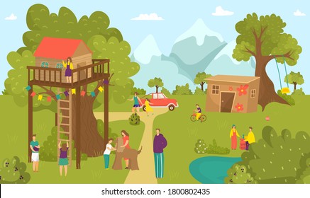 Boy Girl Children Activity At Summer Tree House, Happy Childhood At Nature Park Vector Illustration. People At House Landscape, Fun Kids Near Garden Wood Home. Cartoon Play At Swing, Building.