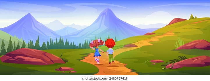 Boy and girl children back walk with mountain view. Cute and happy brother and sister together friendship in summer evergreen forest environment panorama background. Brown rock and range scene