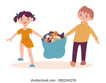 Boy and girl children carry the collected rubbish in a trash bag. Garbage recycling nature cleaning concept. Vector illustration in flat cartoon style. Isolated on a white background.