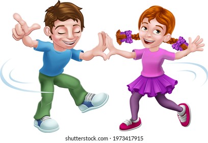 Boy and girl children cartoon kid characters happily dancing together