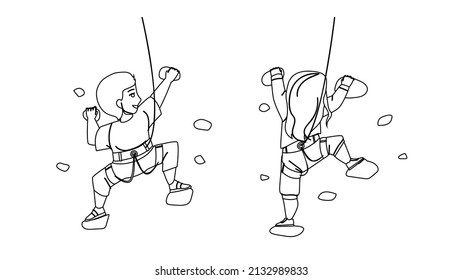 Boy And Girl Children Climbing Together Black Line Pencil Drawing Vector. Schoolgirl And Schoolboy Kids Climbing Wall In Sport Center Attraction. Characters Schoolchildren Sportive Activity