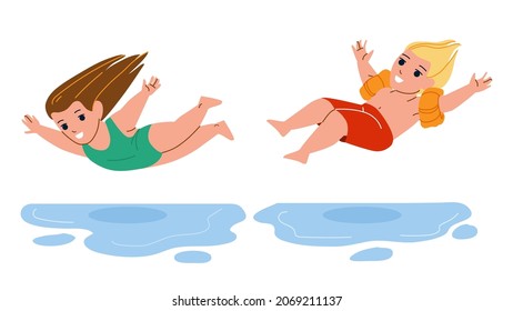 Boy And Girl Children Jumping Into Water Vector. Preteen Schoolboy And Schoolgirl Kids Jump Into Swimming Pool Water. Characters Funny Playful Time On Vacation Flat Cartoon Illustration