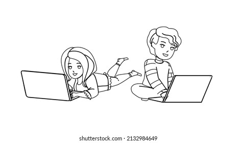Boy And Girl Children Playing On Laptop Black Line Pencil Drawing Vector. Schoolboy And Schoolgirl Kids Play Video Game Or Education Lesson On Computer. Characters Using Digital Device Illustration