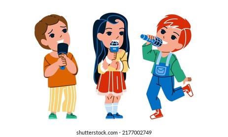 Boy And Girl Children Singing Song Together Vector. Schoolboy And Schoolgirl Kids Singing On Festival Party In Microphone. Happiness Characters Enjoyment And Relaxation Flat Cartoon Illustration