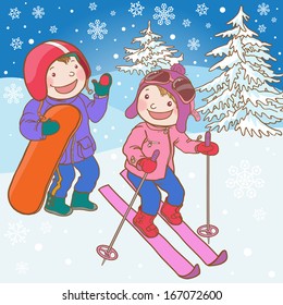 Boy and Girl Children at ski resort. Winter activities. Isolated objects on Snow Winter background. Great illustration for school books, magazines, advertising and more. VECTOR.