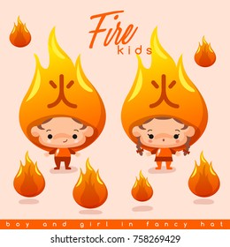 Boy and Girl in Chinese Five Elements Hat : Vector Illustration