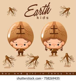 Boy and Girl in Chinese Five Elements Hat : Vector Illustration