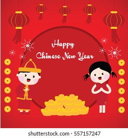 boy and girl chinese and lantern happy chinese new year card