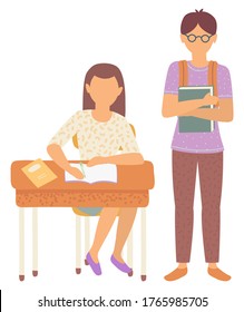 Boy and girl classmates in school vector, isolated schoolboy and schoolgirl flat style characters. Female sitting by wooden desk writing composition. Back to school concept. Flat cartoon