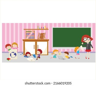 Boy and Girl classroom Happy study activities with white background