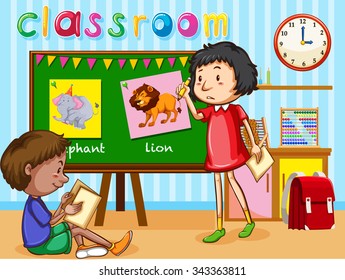 Boy and girl in the classroom illustration