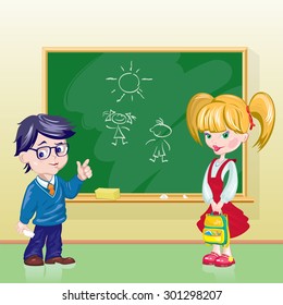 boy and girl in classroom near blackboard