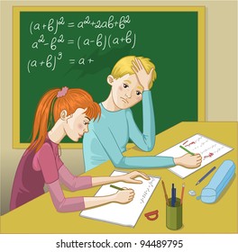 Boy and girl in a classroom. Vector image of two teenagers in a classroom. A girl tries to explain mathematical exercises to a boy who has problem with homework.