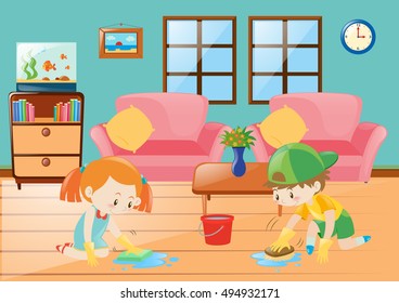 Boy and girl cleaning floor illustration