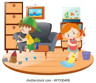 Boy And Girl Cleaning Living Room Illustration