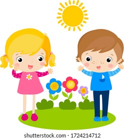 boy and girl collect flowers in the field