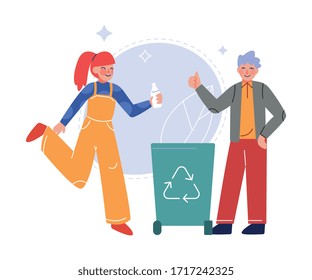 Boy and Girl Collecting Plastic Wastes into Trash Bin, Children Picking Up Garbage for Recycling Vector Illustration