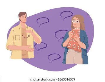 boy and girl communicate using sign language, disabilities, hearing, deaf and dumb. concept flat vector illustration